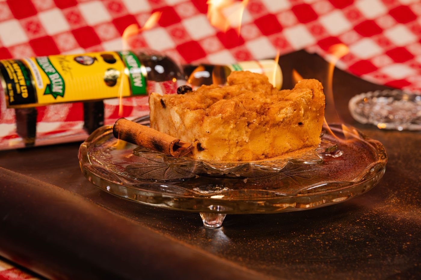 Akaisiba bread pudding flambéed with rum